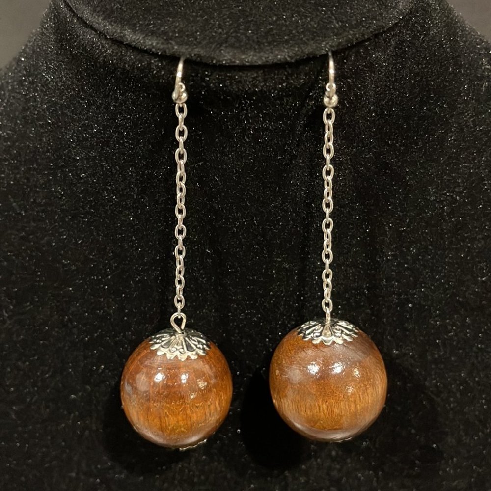 Long Drop Wood Sphere Earrings
